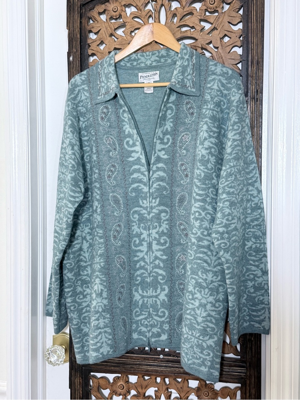 Pendleton Vintage 100% Merino Wool Zip Cardigan Sweater Plus Sz 3X Blue Paisley